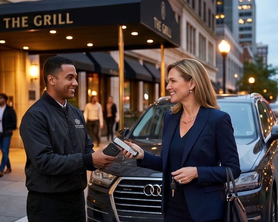 A guest tapping to tip a valet at the curb
